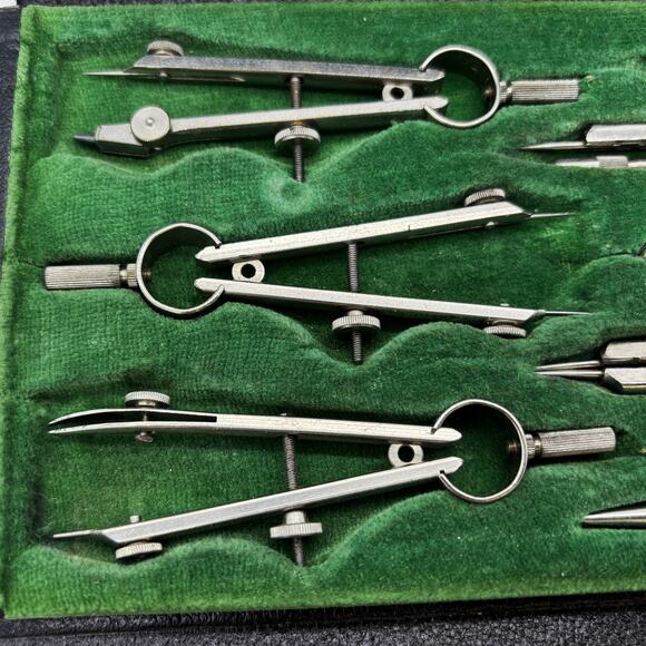 Vtg Siebenhaar Co Germany 10pc Drafting Tool Set Black Case Felt Lined Compass - Picture 4 of 8